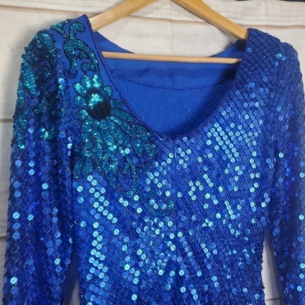 Vintage 80s Nadine Vibrant Blue Floral Sequins Long Sleeve Dress Size Medium - Picture 8 of 16